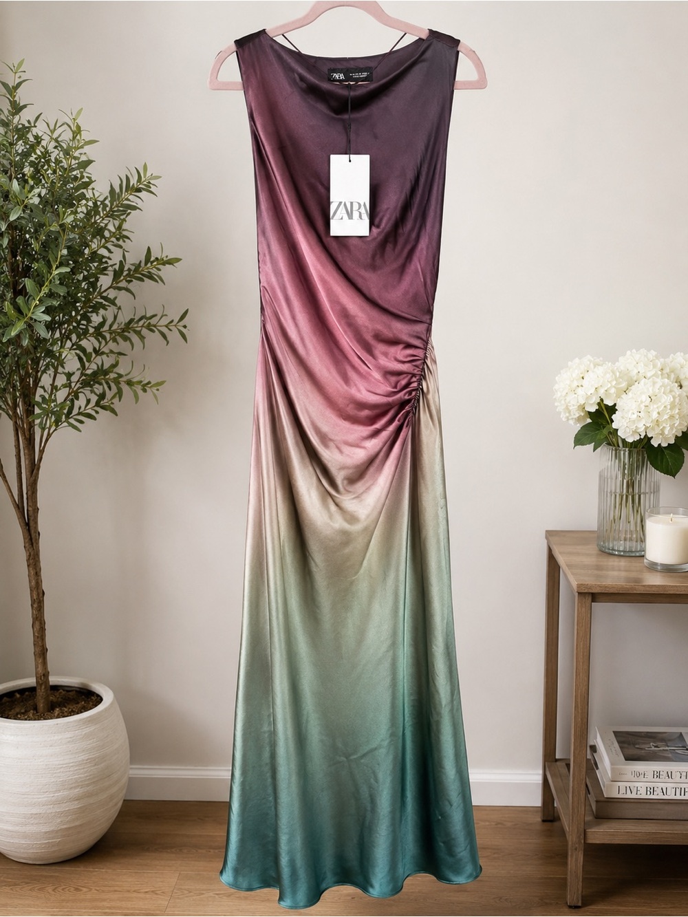 ZARA NWT Satin Ombré Ruched Maxi Dress Plum Pink Sage Green Evening